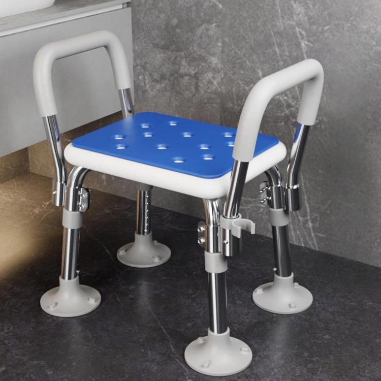 Anti-slip suction bath chair with blue padded seat and arched armrests