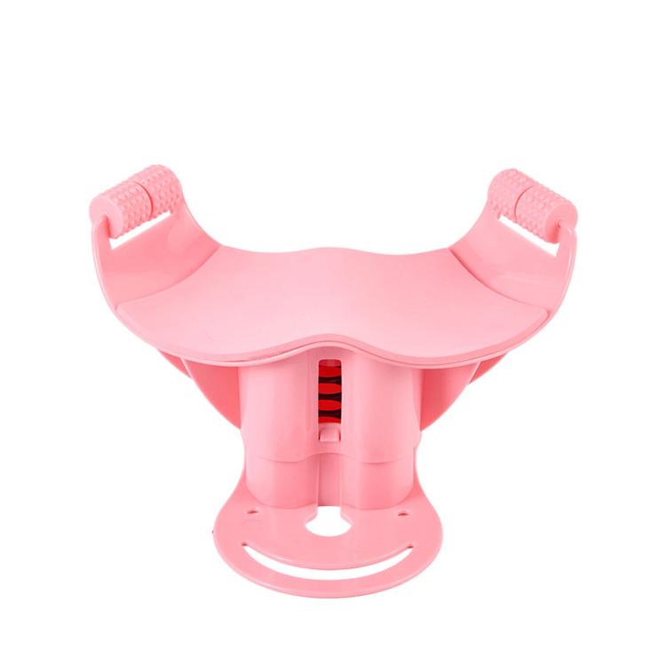 Pink pelvic floor trainer with inner thigh exerciser, curved base and ribbed center