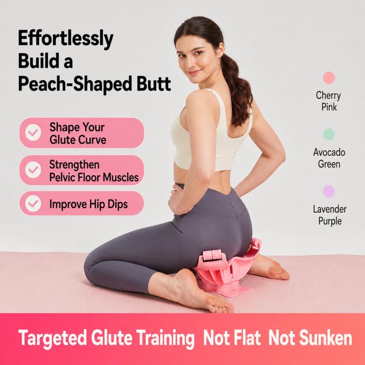 Pink pelvic floor trainer shown with workout posture for targeted glute training