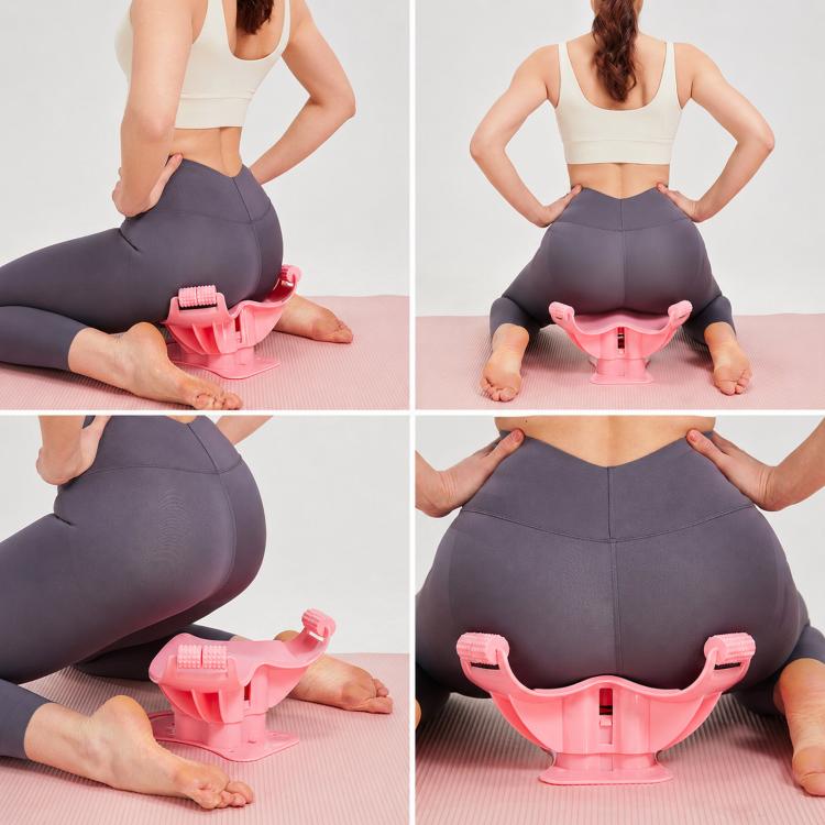 Pink pelvic floor trainer in use on home exercise mat during glute training