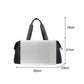 Black gym duffel bag with front panel and drawstring sides; dimensions marked