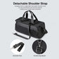 Black sports gym bag with detachable shoulder strap and adjustable strap hardware