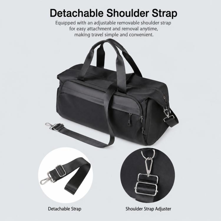 Black sports gym bag with detachable shoulder strap and adjustable strap hardware