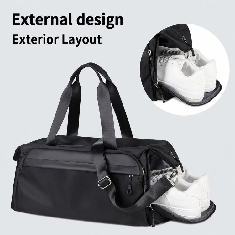 Black sports gym bag with exterior pocket and visible shoe compartment