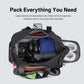Open black sports gym bag showing organized storage and shoe compartment area