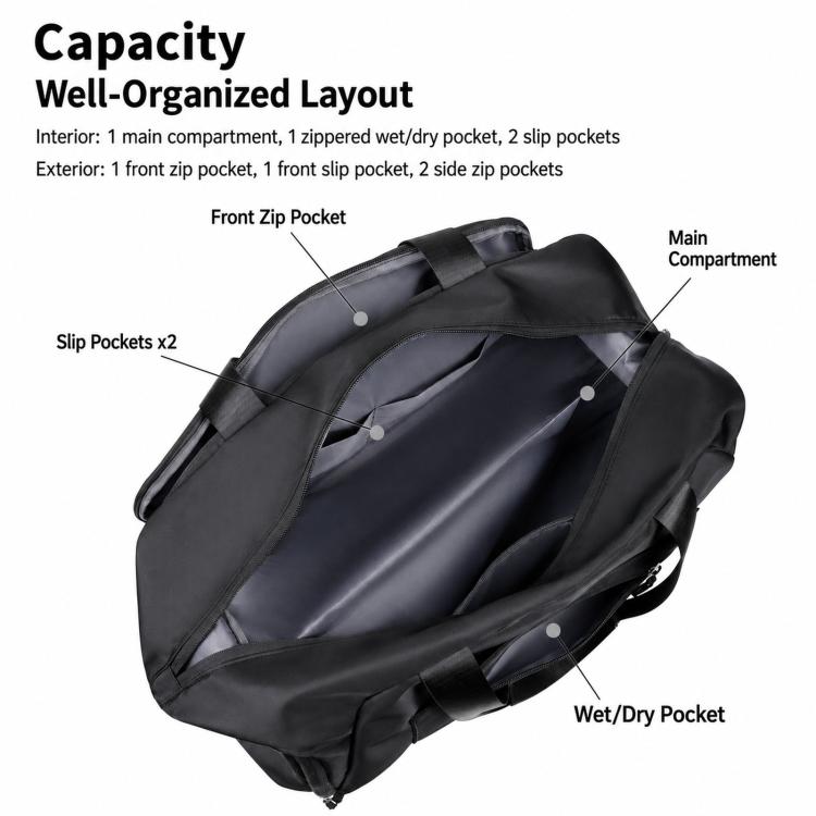 Black sports gym bag with front, wet/dry, and main compartments plus slip pockets