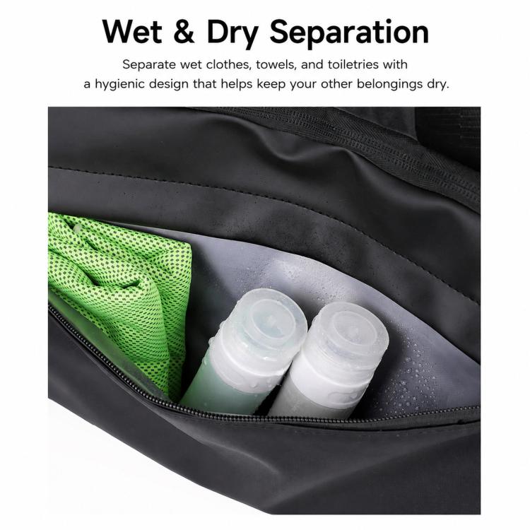 Black sports gym bag with wet/dry separation pocket and water-resistant lining