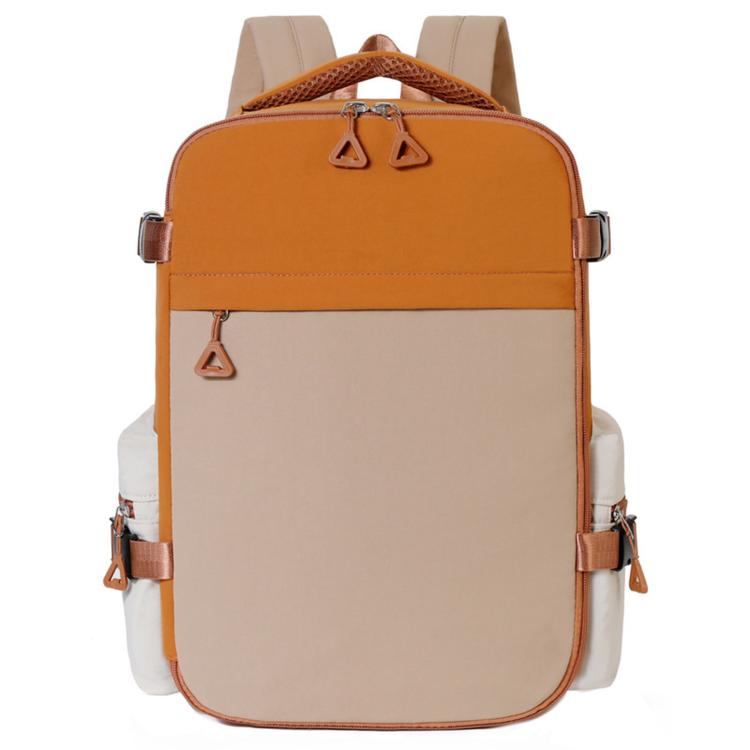 Brown and beige travel backpack with curved top handle and front zip pocket.