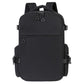 Black travel backpack with front zip pocket, side buckles, and padded shoulder straps.