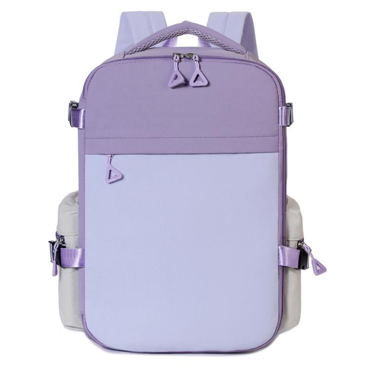 Purple travel backpack with front zip pocket and adjustable shoulder straps.