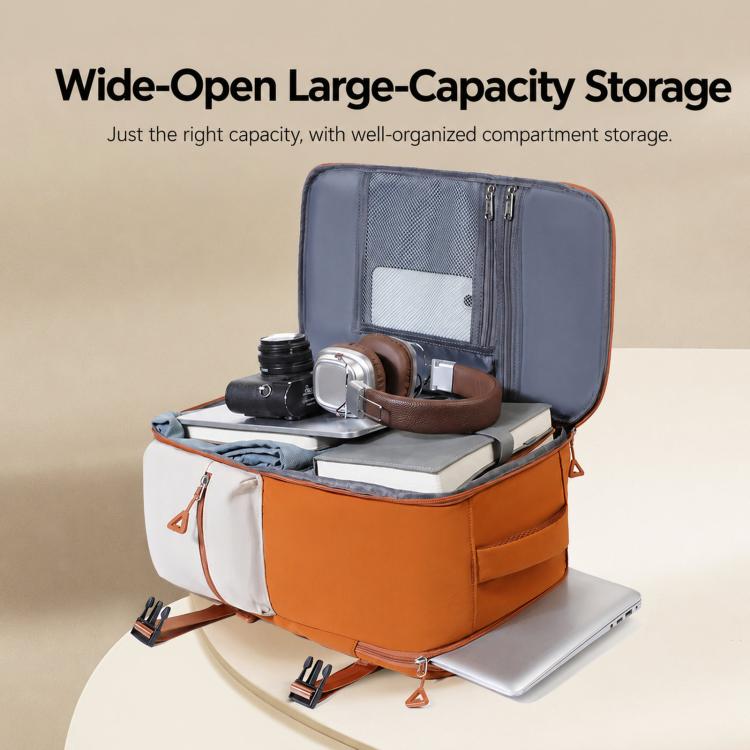 Orange travel backpack opened wide, showing organized interior pockets and laptop sleeve.