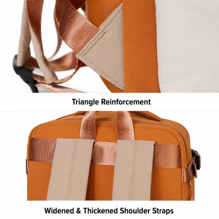 Orange and beige laptop backpack with triangle reinforcement and widened thick shoulder straps