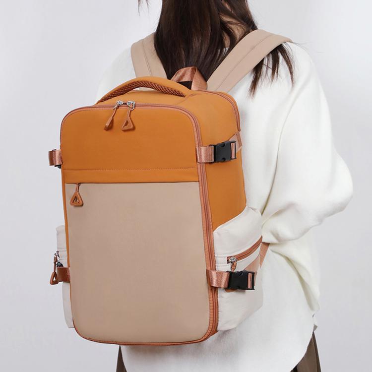 Orange and beige laptop backpack worn on a person with shoulder straps