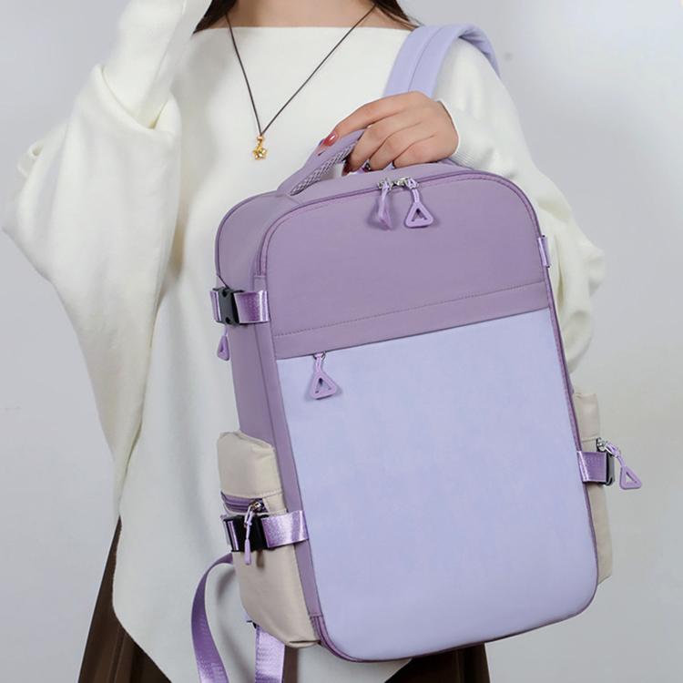 Purple laptop backpack with front zipper pocket and adjustable shoulder straps