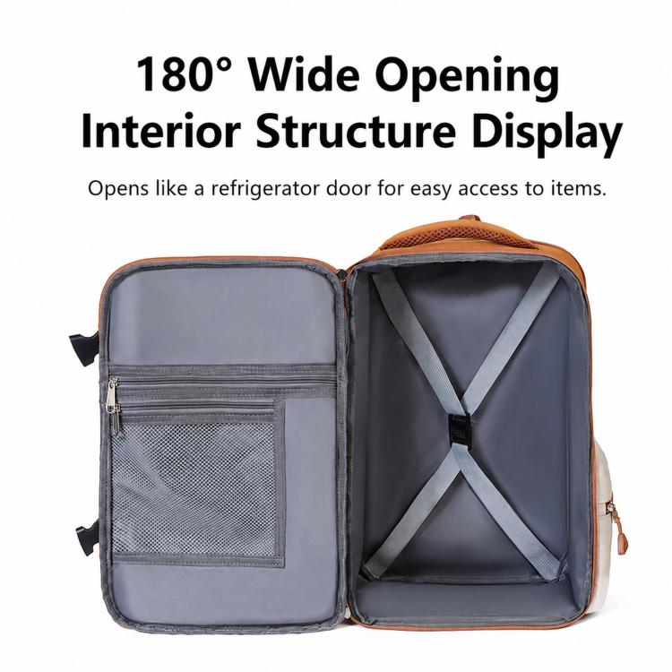 Gray-blue backpack opened 180 degrees, with mesh front pocket and cross-strap interior.