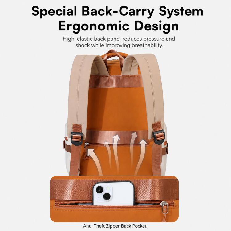 Orange and beige backpack with padded back panel, shoulder straps, and zip back pocket.