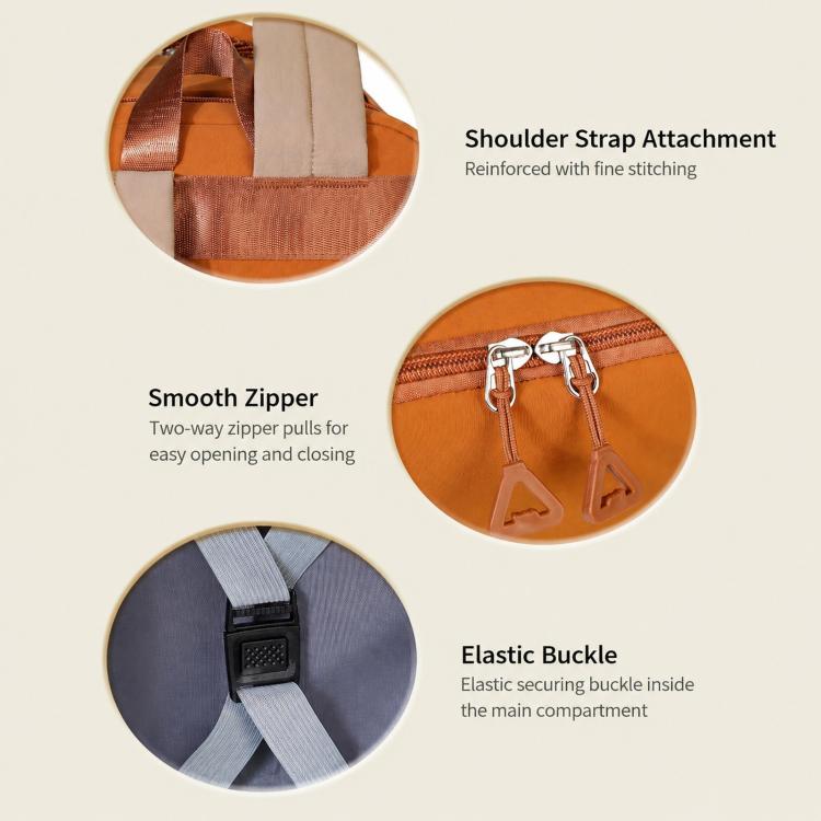 Laptop backpack with two-way smooth zipper, shoulder strap attachment, and elastic buckle