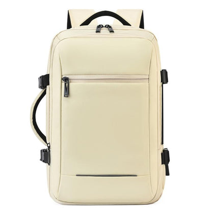 Water-resistant laptop backpack with front zip pocket and side straps, light cream.