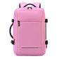 Water-resistant laptop backpack with front zip pocket and side straps, pink.