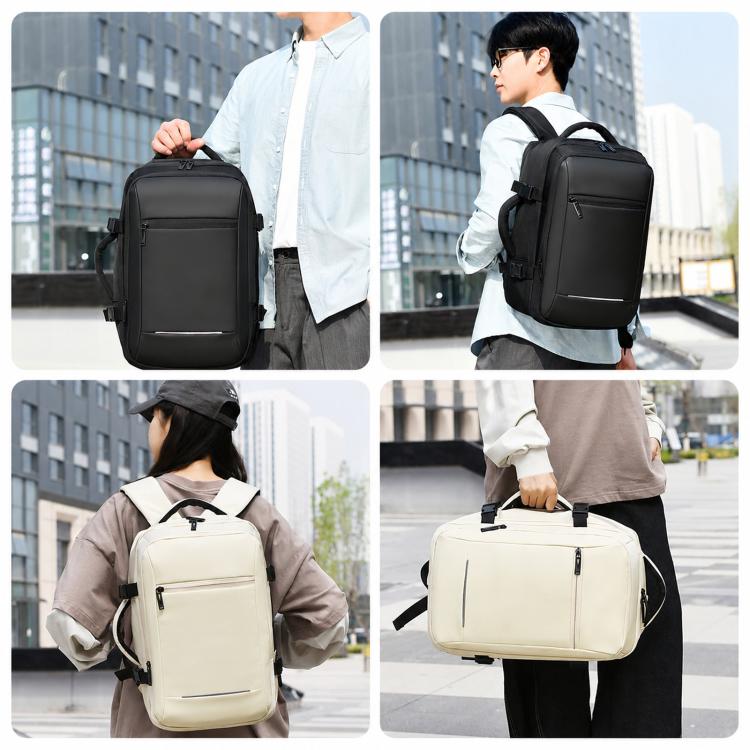 Black and light-beige laptop backpack with front pocket, worn on shoulders