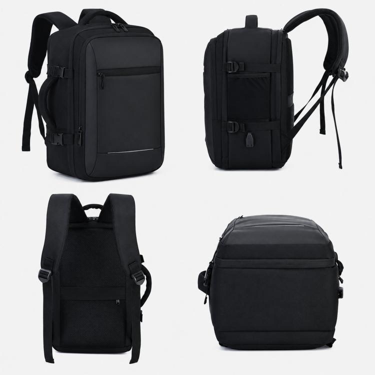 Black laptop backpack with front compartments and top carry handle