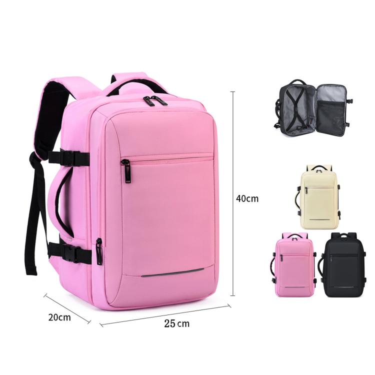 Pink laptop backpack with front zip pocket and matching small accessory pouches