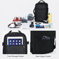 Black laptop backpack with front organizer pockets for phone and tablet.