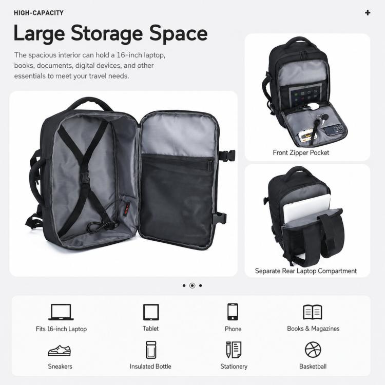 Black laptop backpack with large open interior and separate rear laptop compartment.