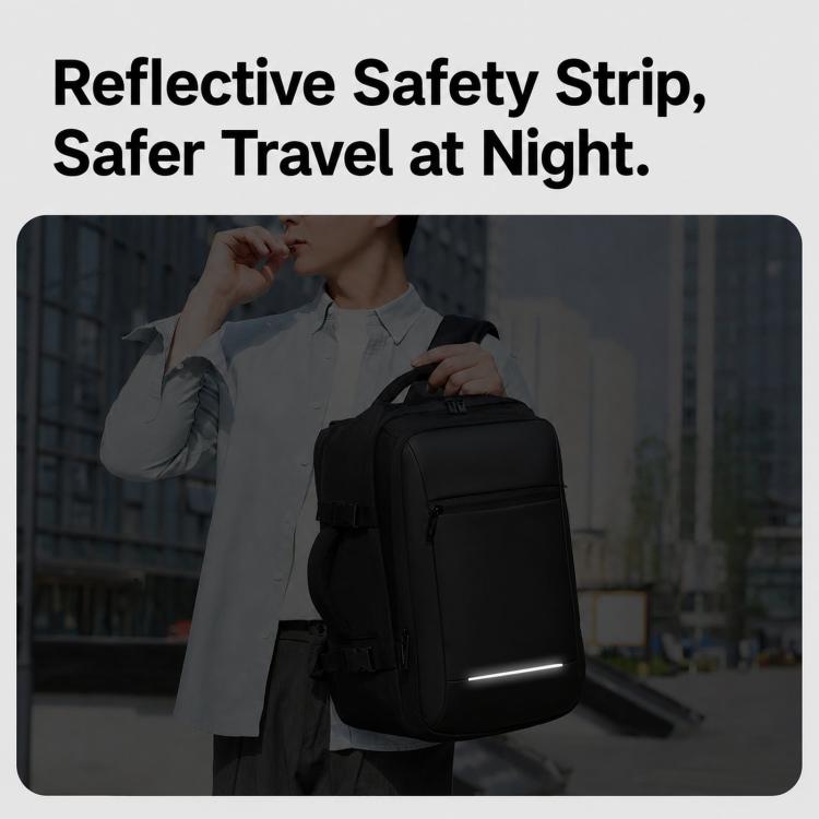 Black travel laptop backpack with reflective safety strip and top handle.