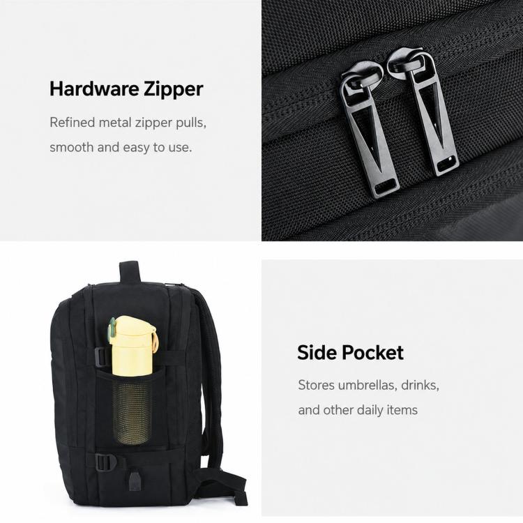 Black laptop backpack with metal zipper pulls and front side pocket