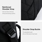 Black laptop backpack with reinforced shoulder straps and adjustable buckle