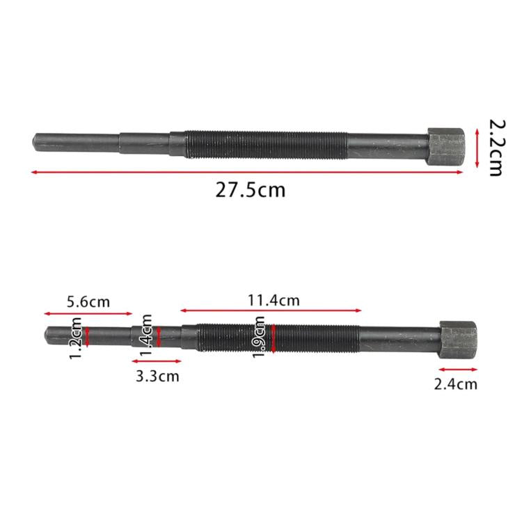 Clutch puller tool with measurements shown; threaded section and hex socket end