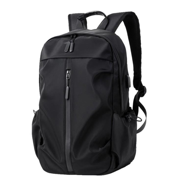 Black casual laptop backpack with top handle, front zip pocket, and side draw strap.