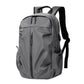 Gray casual laptop backpack with top handle, front zip pocket, and side draw strap.