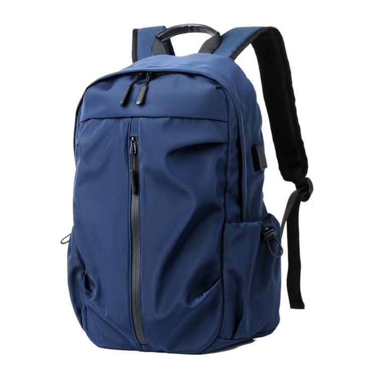 Blue casual laptop backpack with top handle, front zip pocket, and side draw strap.