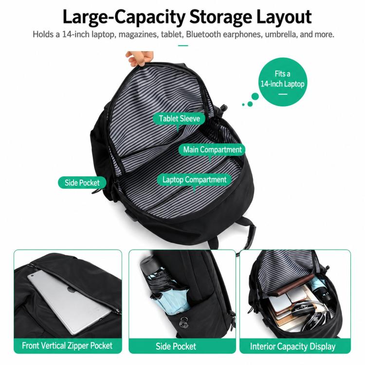 Black laptop backpack interior layout with striped lining, main compartment, and side pockets.