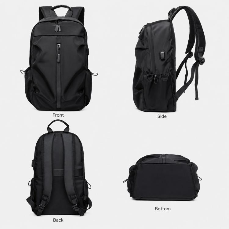 Water-resistant laptop backpack, black with front zip and padded shoulder straps