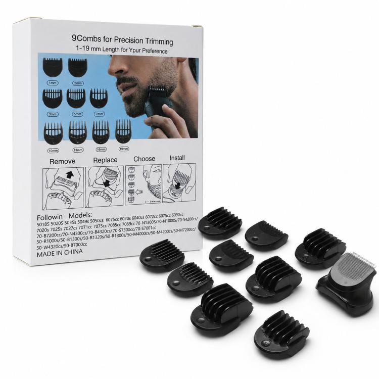 Trimmer head attachment set with nine black guide combs, shown with packaging box