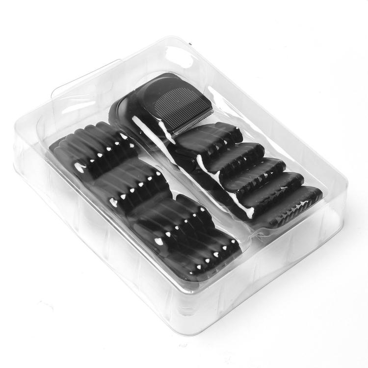 Trimmer head attachment set in clear tray with nine black guide combs