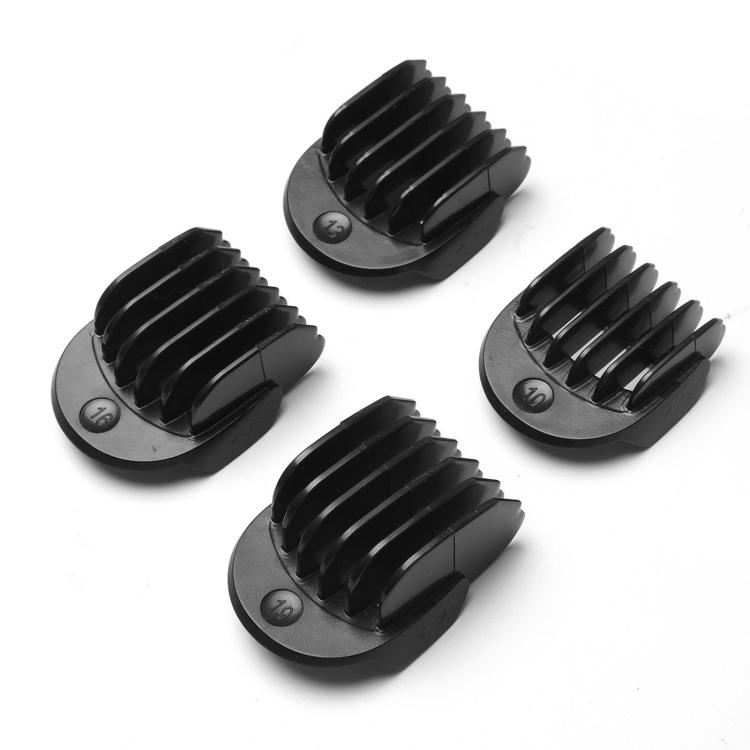 Black trimmer guide comb heads with length labels, four pieces