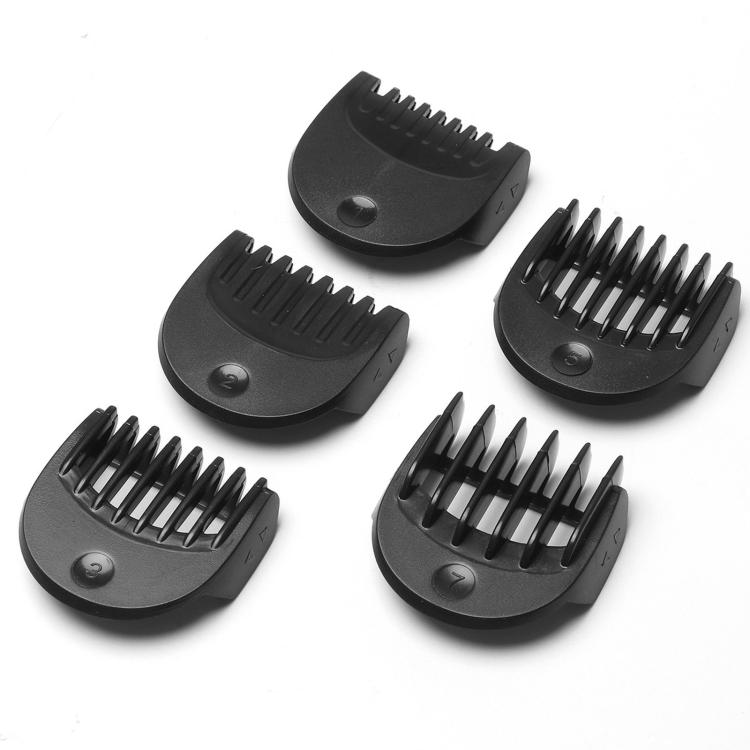 Black trimmer guide comb heads, five pieces with ridged cutting teeth