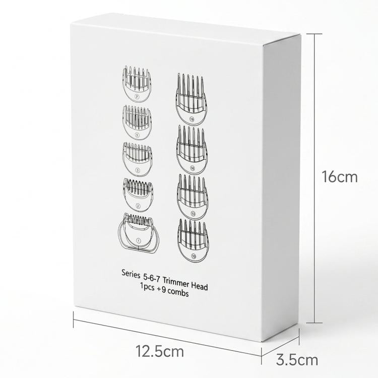 Packaging box for Series 5-6-7 trimmer head attachment with nine guide combs
