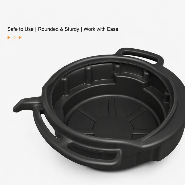 Black oil drain tray with round basin, raised rim, and loop handle openings