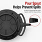 Black oil drain pan with narrow pour spout outlet and side grip handles