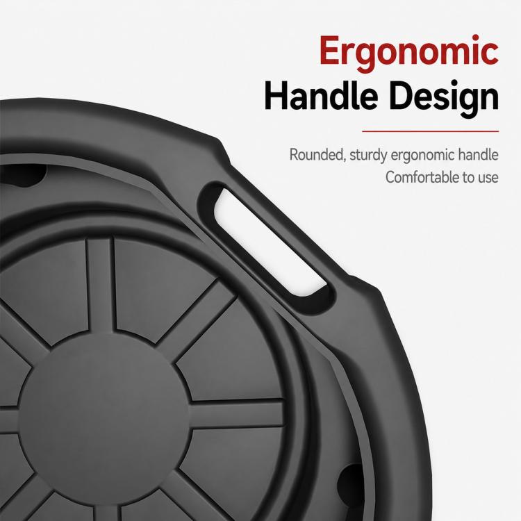 Black plastic oil drain pan showing ergonomic side handle with rounded grip