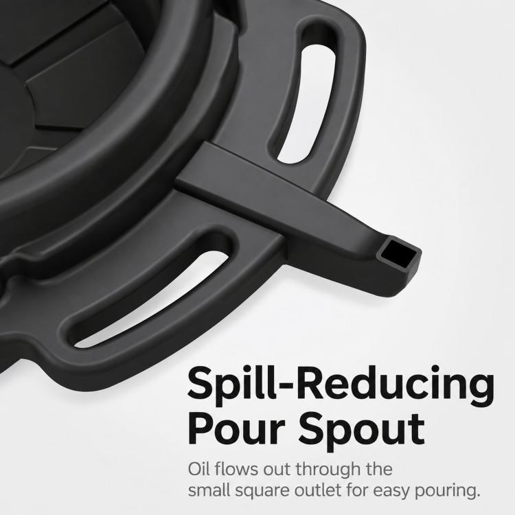 Close-up of black oil drain pan side handles and pour spout outlet on basin