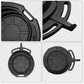 Black oil drain pan with handles and pour spout shown in multiple angles
