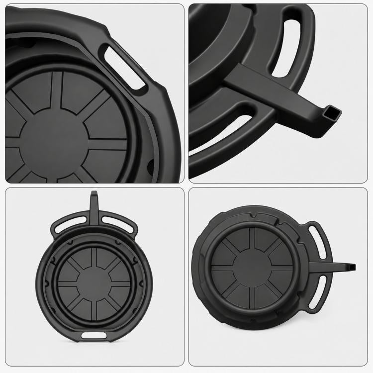 Black oil drain pan with handles and pour spout shown in multiple angles