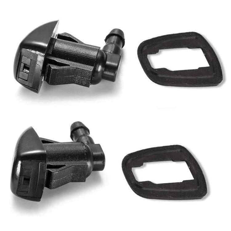 Black windshield washer nozzles with rubber seals and outlet tubes