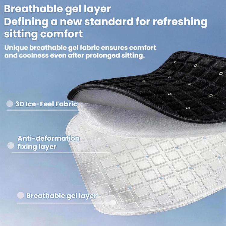 Car seat cooling gel pad close-up: black top grid with white ventilated backing